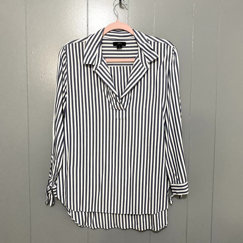 J. Crew Blue White Striped Collared Tie Sleeve Classic Preppy Popover Shirt M - Picture 2 of 7